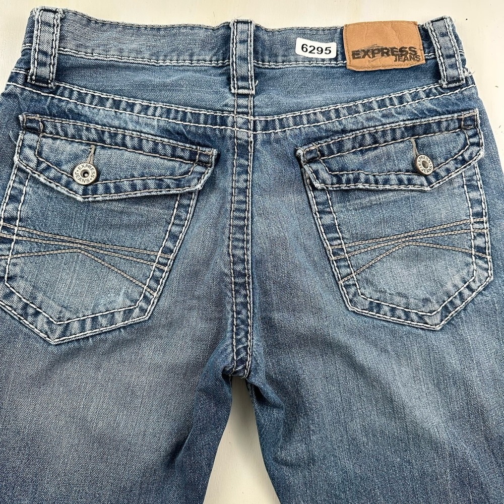 Express Kingston BootCut Jeans Mens 31x30 Blue Distressed Y2K Thick Stitch Flap
